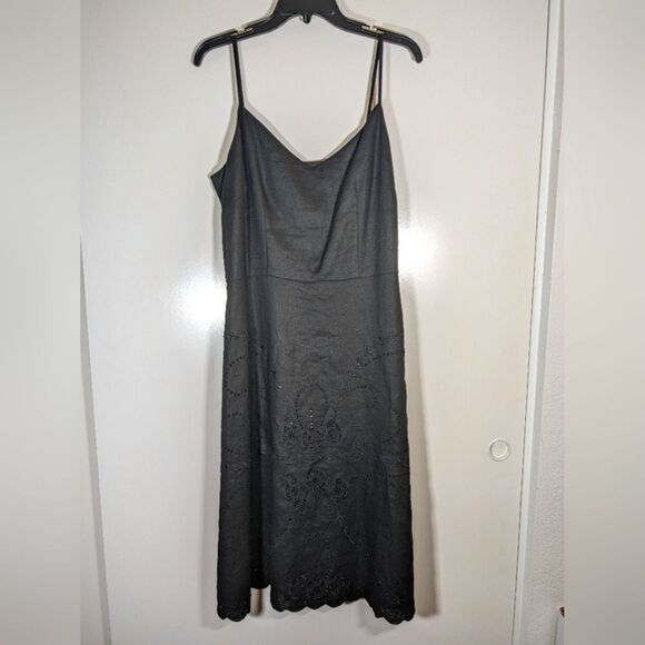 Ann Taylor Loft Linen Black V-Neck Spaghetti Strap Embellished Dress Size 12 - Picture 1 of 11
